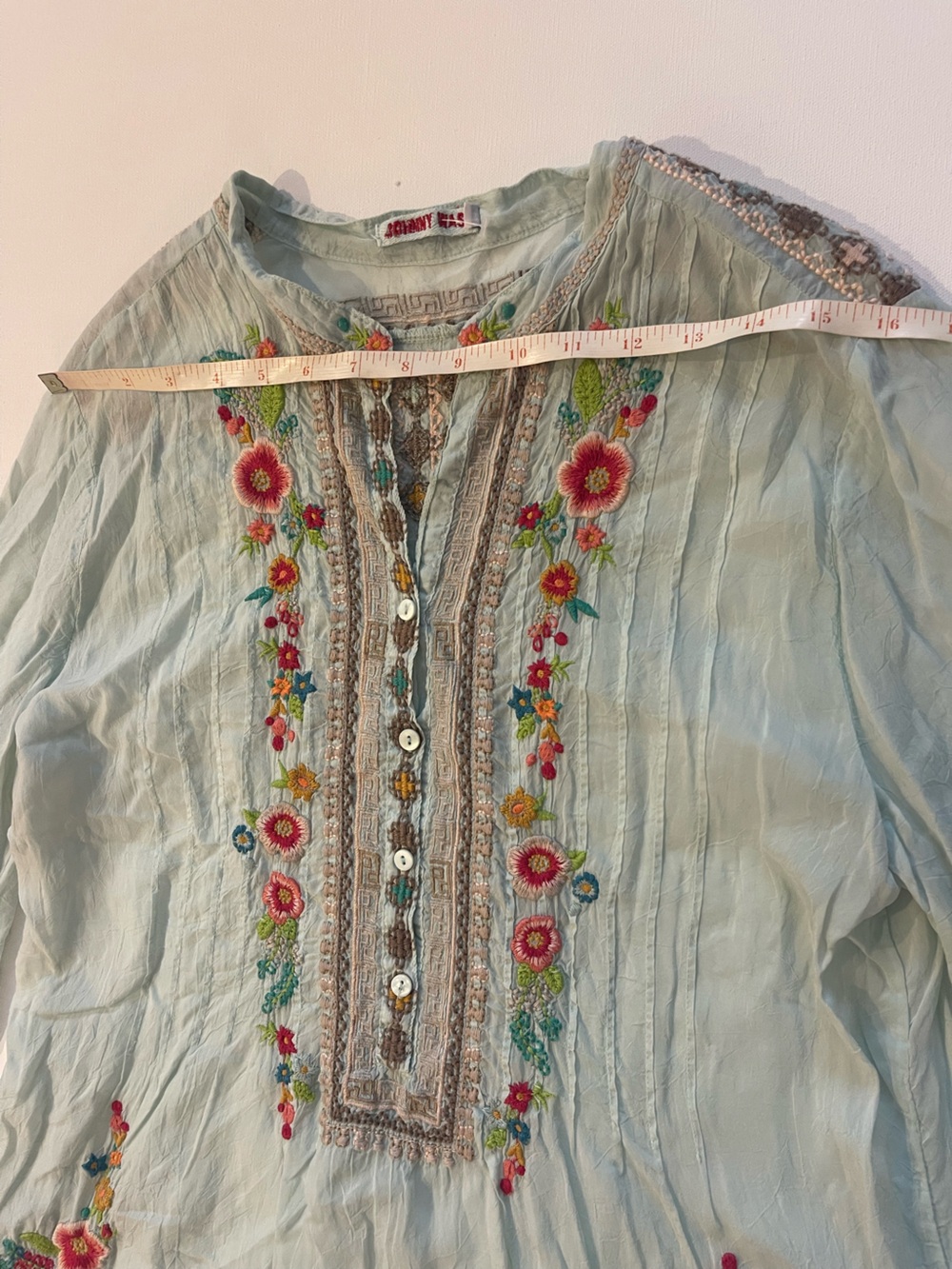 Johnny Was Floral Embroidered Boho Tunic Top M Semi Sheer Mint Cupra Rayon Luxe - Picture 14 of 16